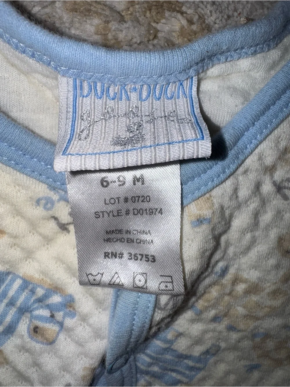 Quilted Cream and Blue Baby Footed Pajamas with Giraffe Print